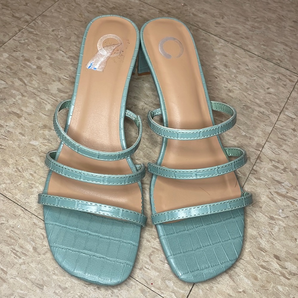 STEVE MADDEN Womens Turquoise Geometric Stretch Loft Kitten Heel Slip On Sandals